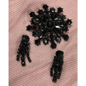 Vintage Black Rhinestone Brooch Pin Earring Set Glam Whimsigoth NYE Flapper